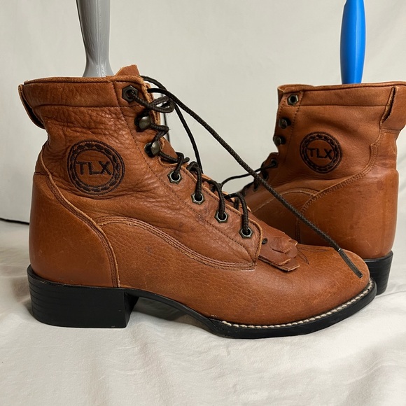 Tony Lama Shoes - Western Tony Lama Tan Ol’ Buck Lace Up Tan Leather Ankle Boots Kiltie fringe ‘01